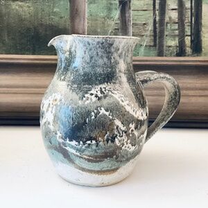 Studio Pottery Pitcher 6.25” Gray Green Cream Glaze Stamped Artisan Stoneware